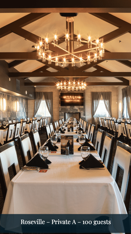Roseville Private A, 100 guests: long rows of tables set with white tablecloths under a vaulted beamed ceiling with large round chandeliers.