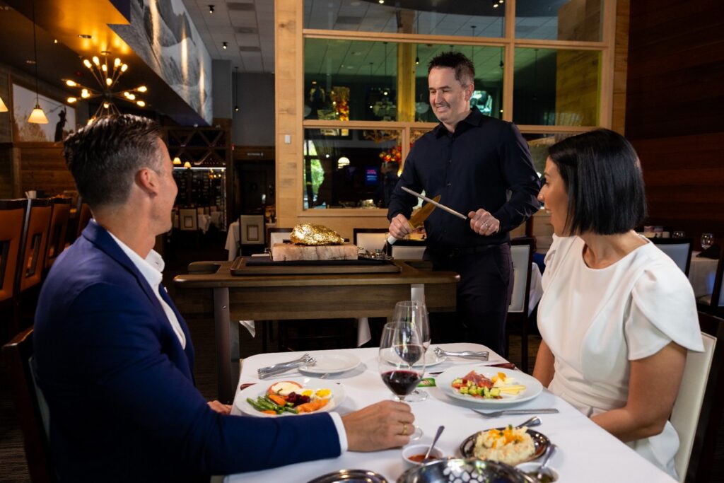 The Golden Steak® is the most noble part of the top sirloin, expertly seasoned with salt and then decadently enveloped in 24-karat edible gold foil. A bespoke cart approaches your table, presenting the Golden Steak® in all its splendor, and the Gaucho Chef then artfully carves this luxurious meat selection with a golden knife.

Elevate your dining experience with every golden bite. Join us today at Galpão Gaucho Brazilian Steakhouse
✨💛 🥩

Which location are you heading to? 
Cupertino, CA
Irvine, CA
Napa, CA
Roseville, CA
San Diego, CA
Walnut Creek, CA
Las Vegas, NV
Charleston, SC