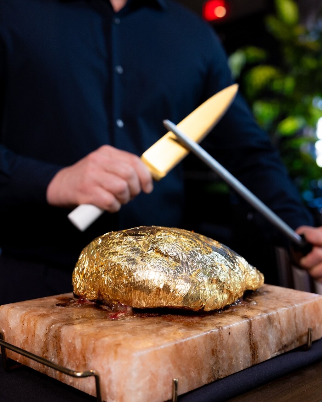 The Golden Steak® is the most noble part of the top sirloin, expertly seasoned with salt and then decadently enveloped in 24-karat edible gold foil. A bespoke cart approaches your table, presenting the Golden Steak® in all its splendor, and the Gaucho Chef then artfully carves this luxurious meat selection with a golden knife.

Elevate your dining experience with every golden bite. Join us today at Galpão Gaucho Brazilian Steakhouse
✨💛 🥩

Which location are you heading to? 
Cupertino, CA
Irvine, CA
Napa, CA
Roseville, CA
San Diego, CA
Walnut Creek, CA
Las Vegas, NV
Charleston, SC